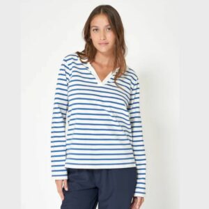 Camiseta de rayas manga larga en algodón de 280 gr. con cuello camisero de mujer